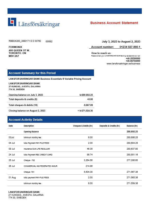 Modèle Word et PDF de relevé de compte courant de la société Lansforsakrigar Bank